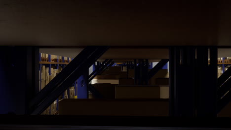 retail store merchandise stacked on warehouse racks with invoice labels