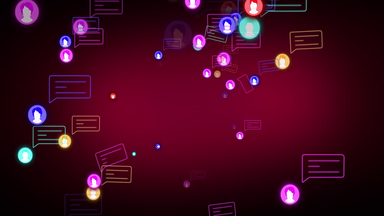 Animation of social media icons and speech bubbles on red background