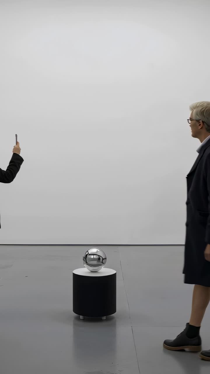 Video verticale: Anziano in cappotto che indica una galleria di sfere, entrando da sinistra e riprendendo con il telefono, con spazio per il testo.
