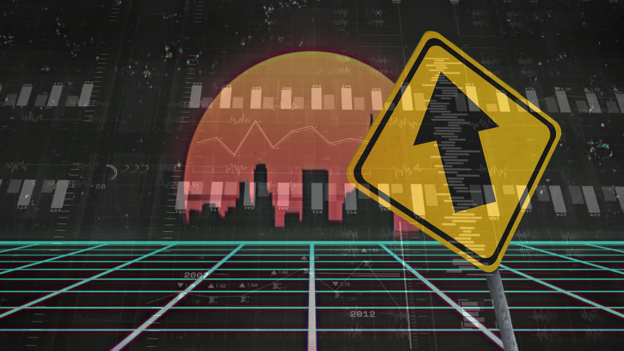 animación del procesamiento de datos financieros y señales de tráfico sobre el paisaje urbano