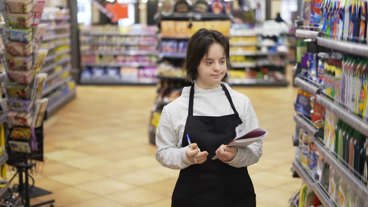 다운 증후군 을  ⁇ 고 있는 소녀 가 노트북 을 사용 하여 식료품 가게 의 상품 선반 을 점검 하고 있다
