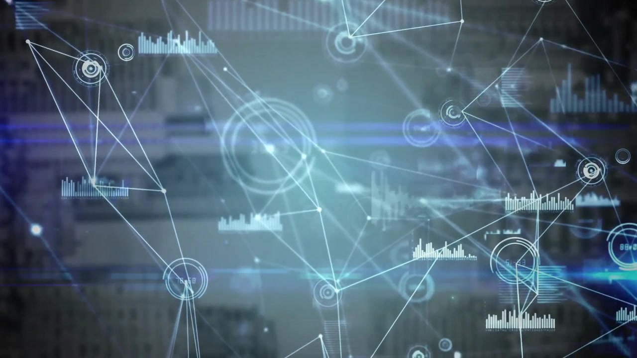 Marketers viewing business network overlay on city facade, showing glowing nodes and bar charts