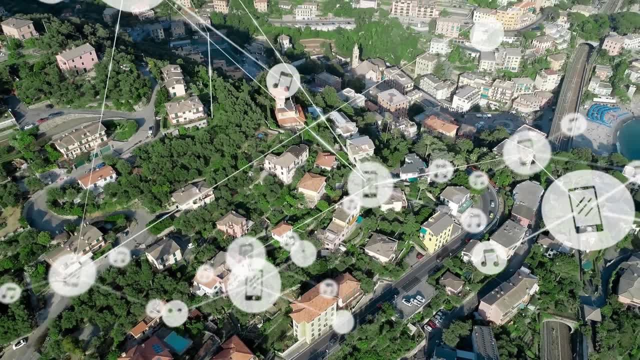 도시 풍경 위의 아이콘으로 연결된 네트워크의 애니메이션