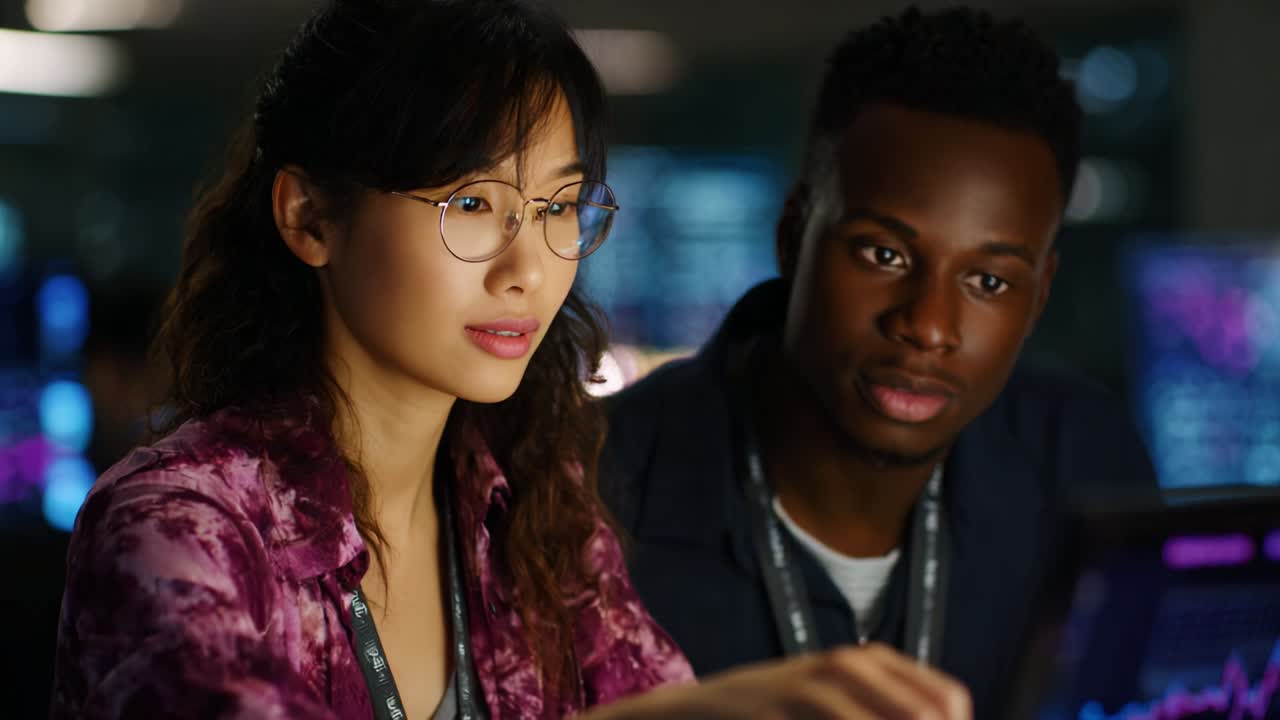 A focused collaboration between a young woman and a man working on data analysis in a high-tech environment, showcasing dedication, innovation, and problem-solving skills in the modern technological landscape