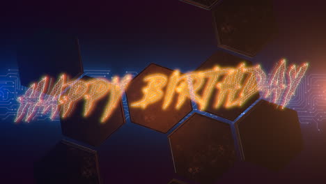 feliz cumpleaños con placa base y patrón de hexágonos