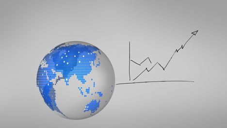 animation of globe spinning and hand drawn statistics on grey background