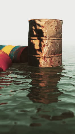 rusty barrels floating in polluted water