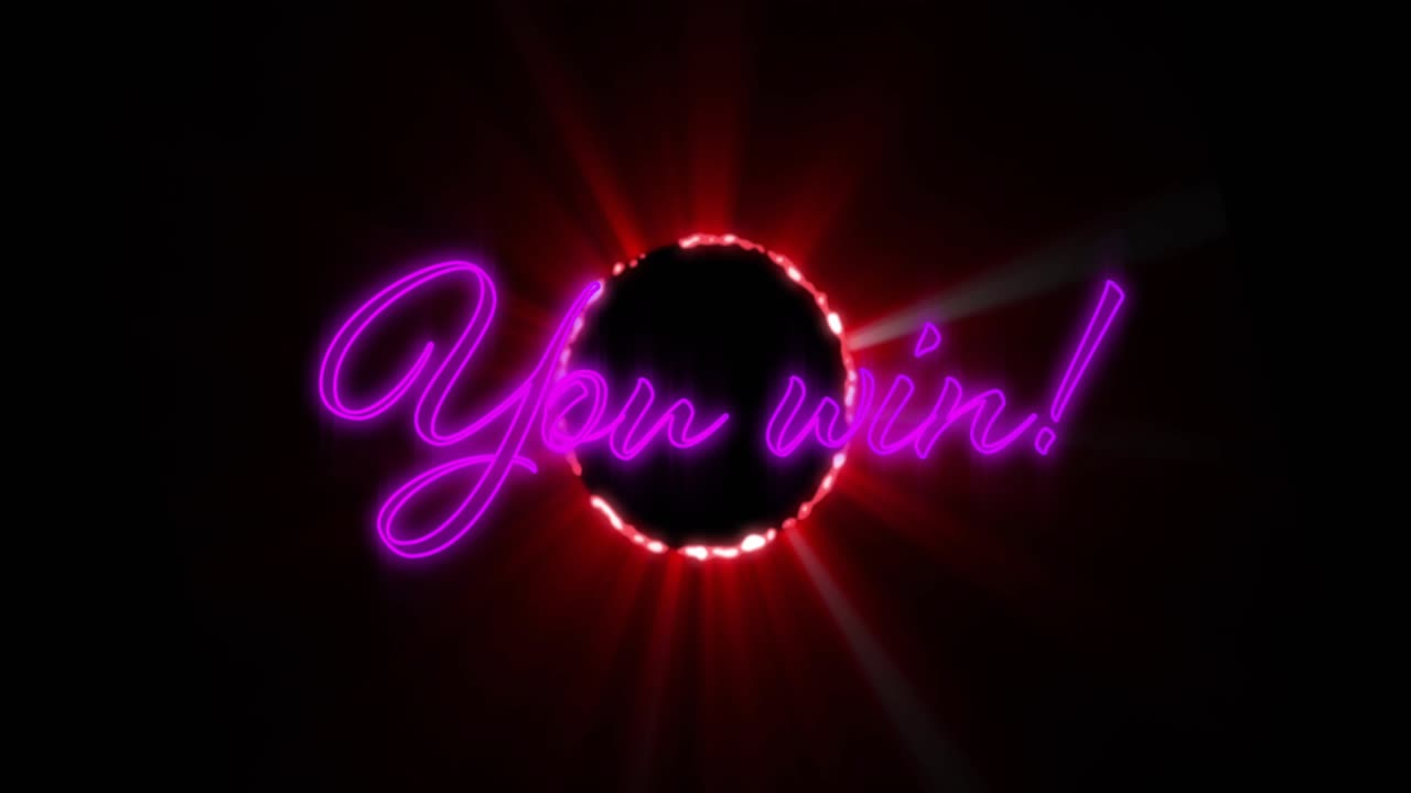 Dark core appearing, forming red ring, neon You win! fading, pulsing, celebrating win on black