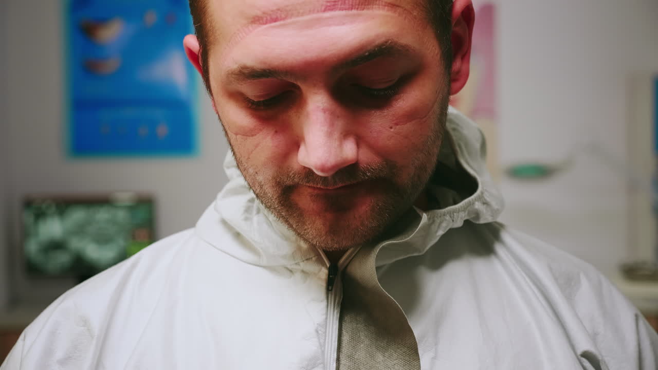 близкий взгляд на усталого детского стоматолога, который снимает защитный щит с лица.