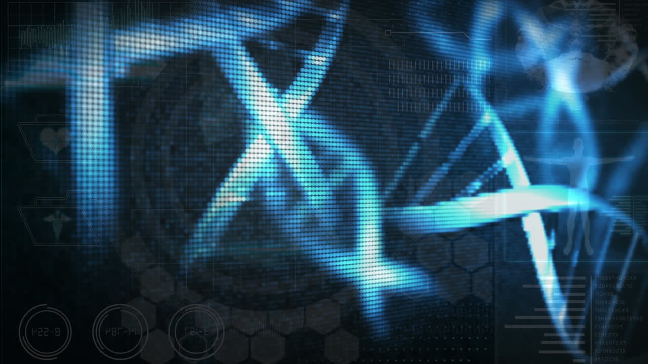 concepto de tecnología médica futurista con adn giratorio animado y procesamiento de datos.