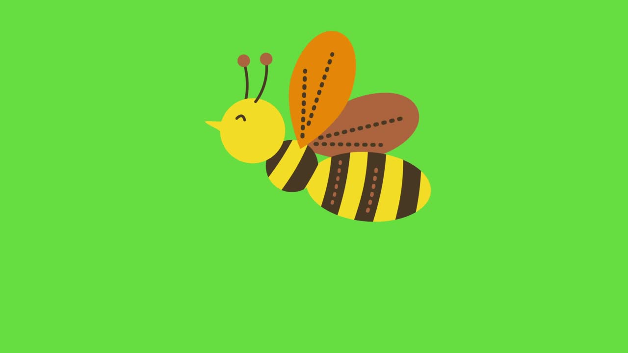 4k video of cartoon bee on green background.