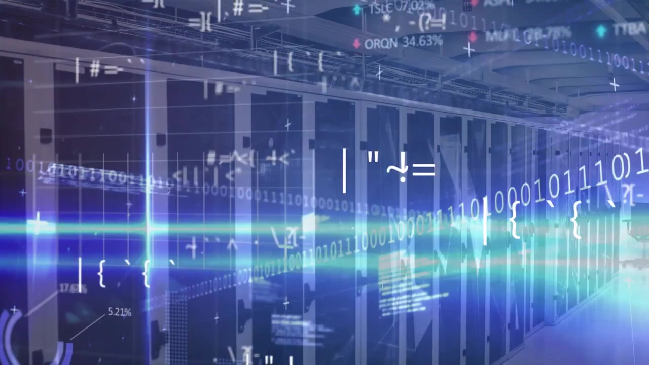 Triggered by code overlay, binary streams drifting through server aisle morphing to show data flow