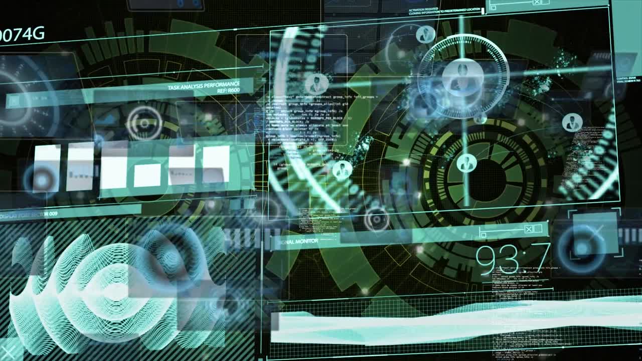 animación de datos con iconos de perfil, gráfico sobre procesamiento de hud en la interfaz digital