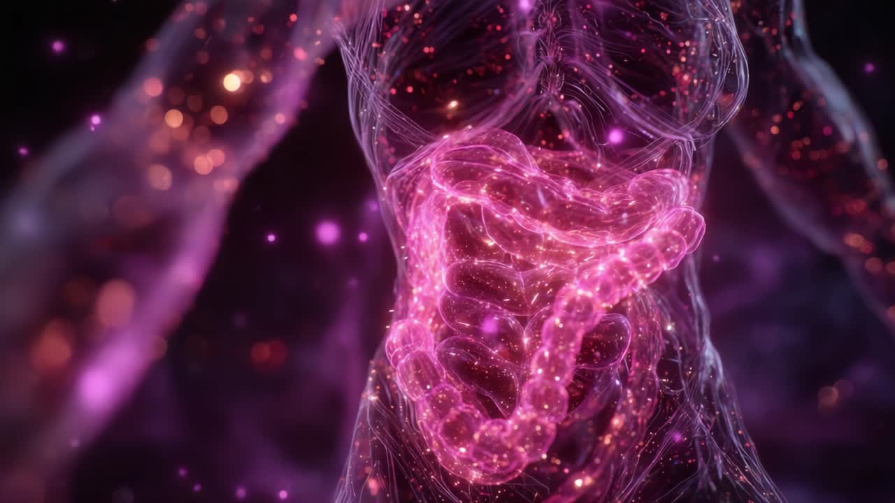 An Artistic Representation of the Human Digestive System Illuminated by Glowing Particles, Showcasing the Complexity and Intricacies of Internal Organs