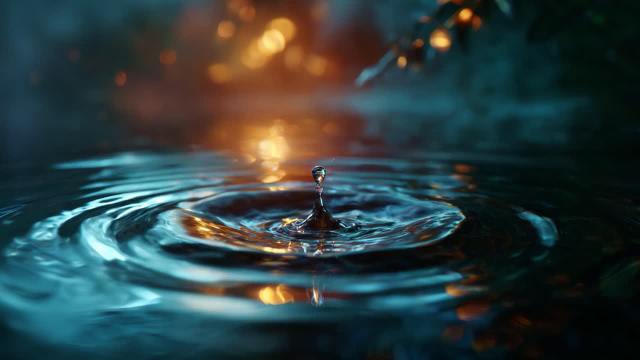 Captivating Water Ripples: A Journey from a Single Drop to Expanding Circles Under a Dreamy Evening Glow and Enveloping Nature's Serenity