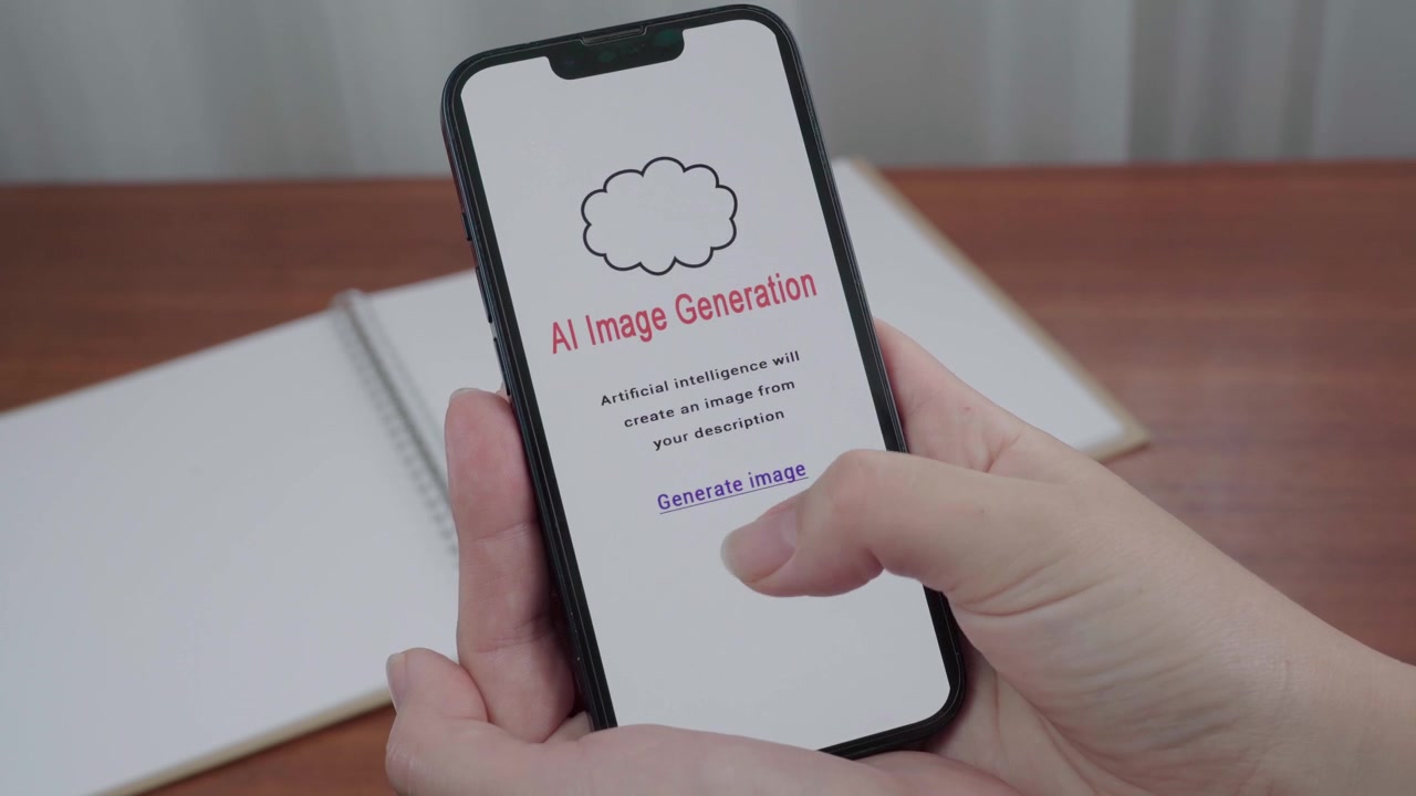 Closeup of a person holding a phone with an AI image generation interface and a finger about to tap Generate image.