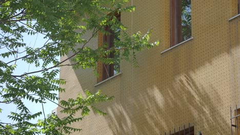 building with yellow facade and trees