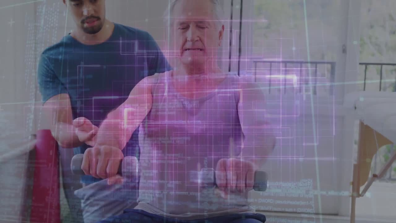 animación de datos en pantalla digital sobre un fisioterapeuta masculino biracial y un paciente mayor