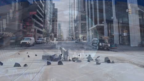 animation of digital data processing and euro sign over cityscape
