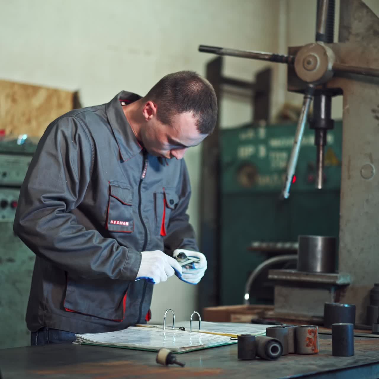 Man measures the piece caliper