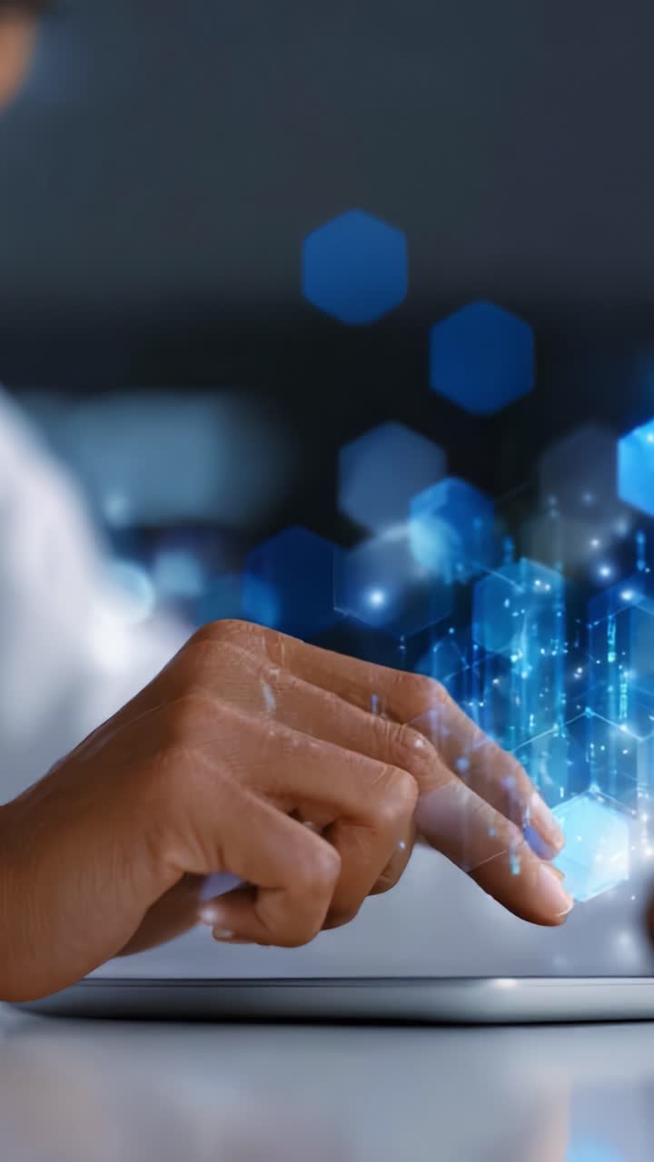 Futuristic Interaction: A Close-Up of a Hand Engaging with a Digital Touchscreen Display Surrounded by Hexagonal Graphics in a Modern Workspace Environment