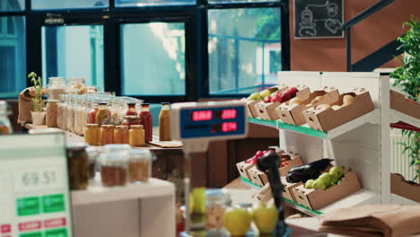 empty eco friendly local store with weighting scale on counter