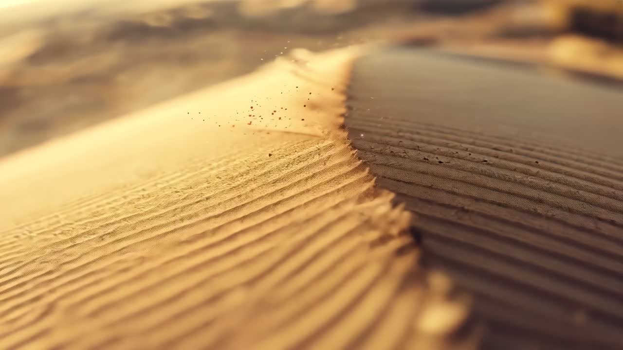 Tracking camera pulling and rolling along dune crest at desert, wind lifting sand revealing ripples