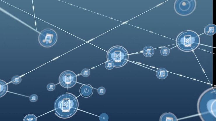 Animazione di una rete di icone digitali su sfondo blu.