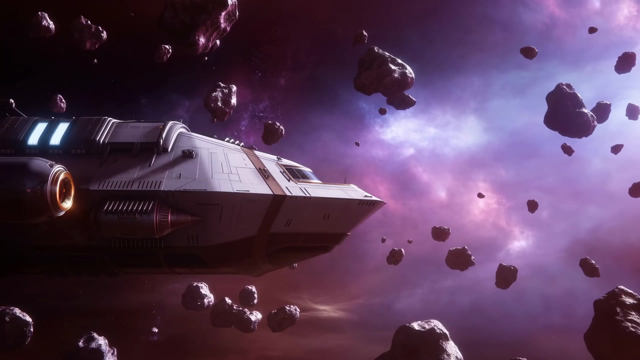 Pilota di cargo spaziale manovra astronave attraverso un denso campo di asteroidi, nebulosa viola brilla oltre lo scafo, motori.