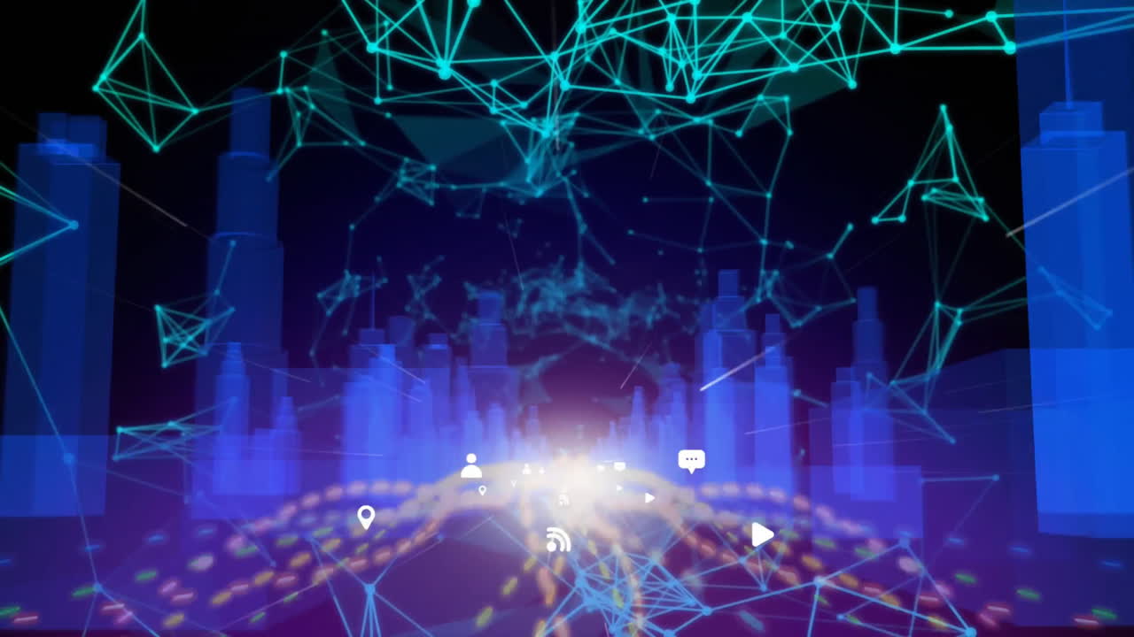 아이콘, 추상 패턴 및 연결된 점의 애니메이션, 검은 바탕에 3d 도시 모델