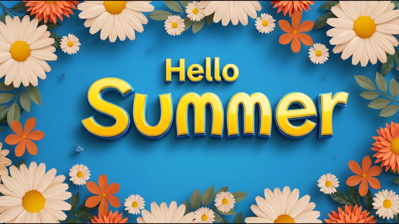 Hello Summer Bright Seasonal Typography Animation with Daisy Flowers on Blue Background