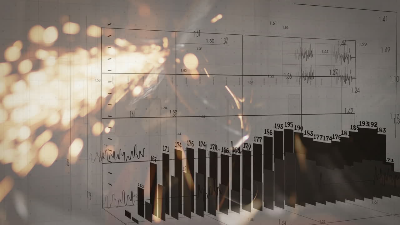 Overlaying glowing light effects, bar chart and line graphs showing data trends