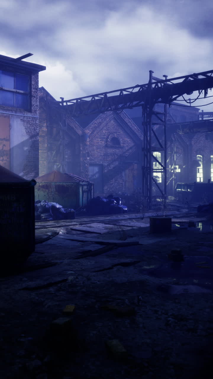 Eerie urban landscape at dusk with glowing light illuminating the ruins