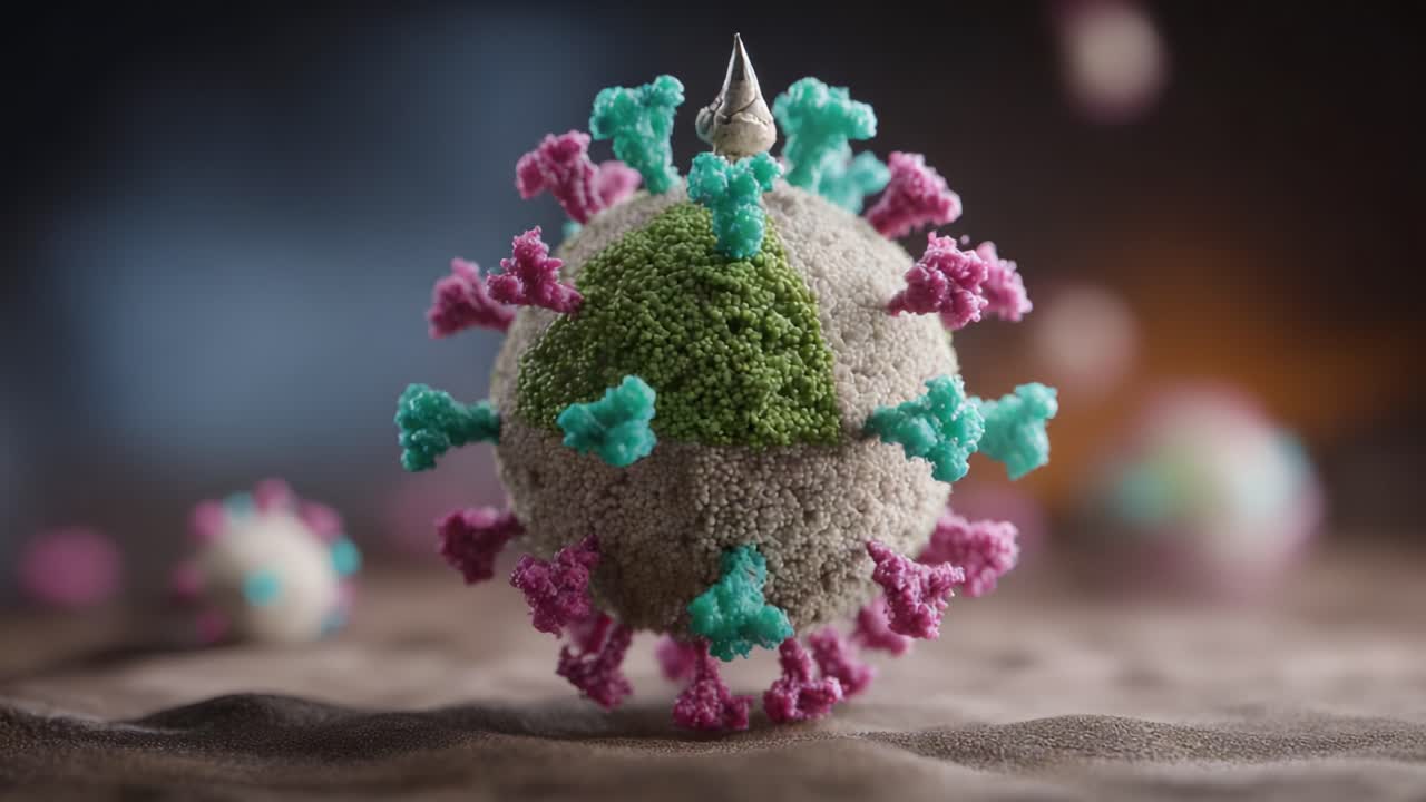 Stunning Close-Up Visualization of a Virus Structure Highlighting Its Unique Composition, Colorful Protein Spikes, and Intricate Details for Scientific Study and Awareness