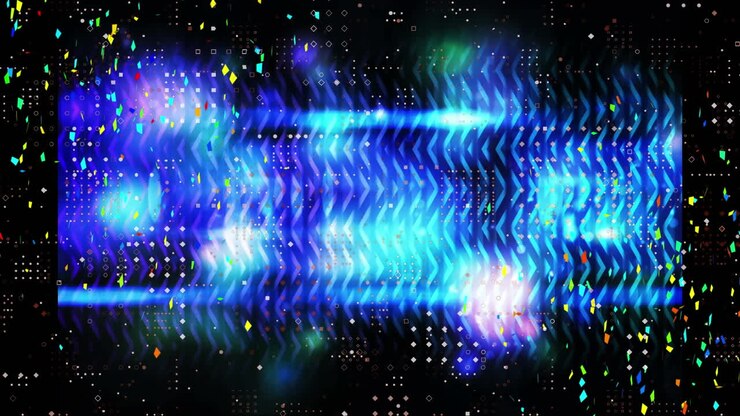 Confetti falling over blue spots of light and dots design pattern against black background