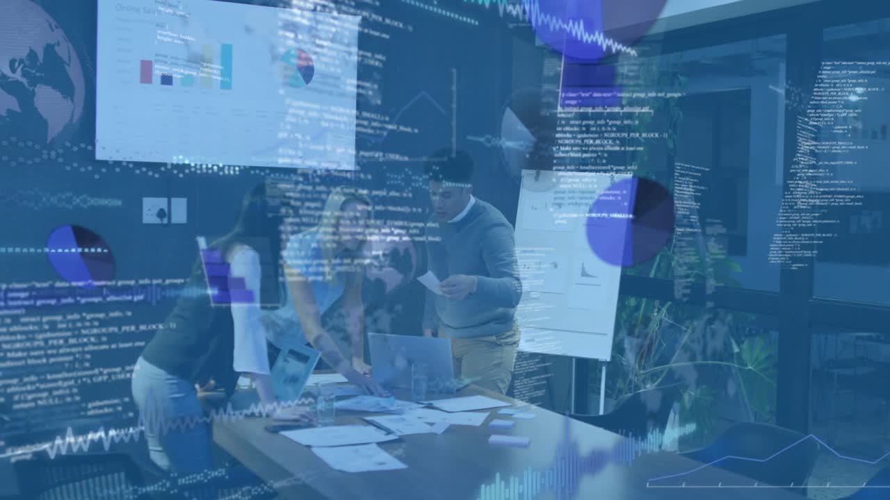 Business team sliding report sheet around table analyzing data with animated code and pie charts