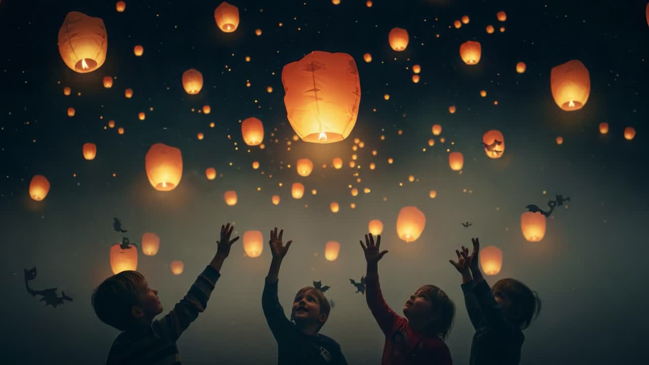 A Magical Night of Floating Lanterns: Children Reaching for Dreams Beneath a Starry Sky Filled with Glowing Lanterns, Celebrating Imagination and Joy