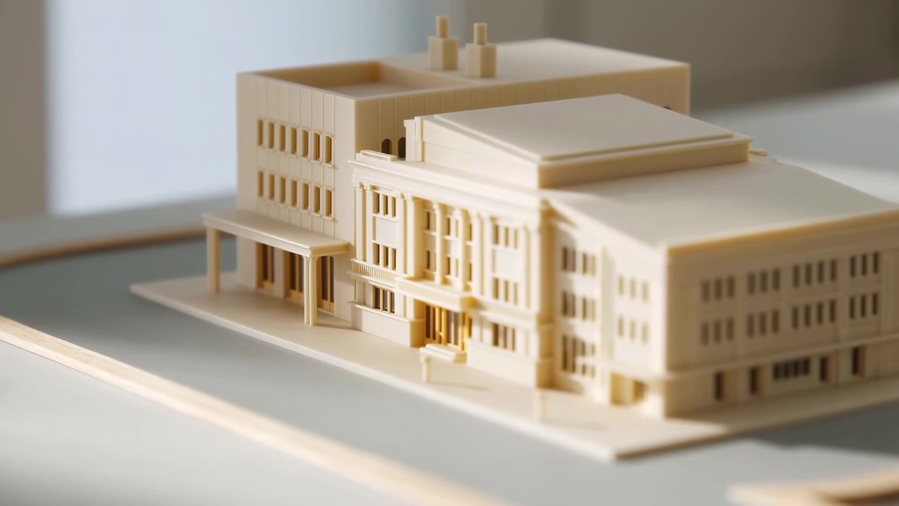 En detaljeret skalamodel af en klassisk bygning står på en bordplade i indendørs omgivelser og viser søjler, vinduer, en facade og et trappetag i blødt naturligt lys.