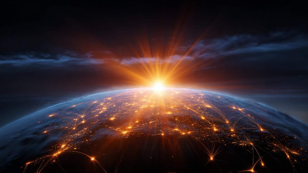 A breathtaking view of Earth during a cosmic dawn, showcasing vibrant orange and yellow hues illuminating the horizon, with brilliant city lights connected by intricate networks of data trails