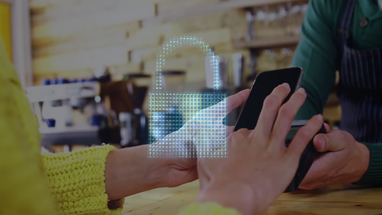 animación de la red de conexiones con el icono de la nube sobre las personas que utilizan la terminal de pago