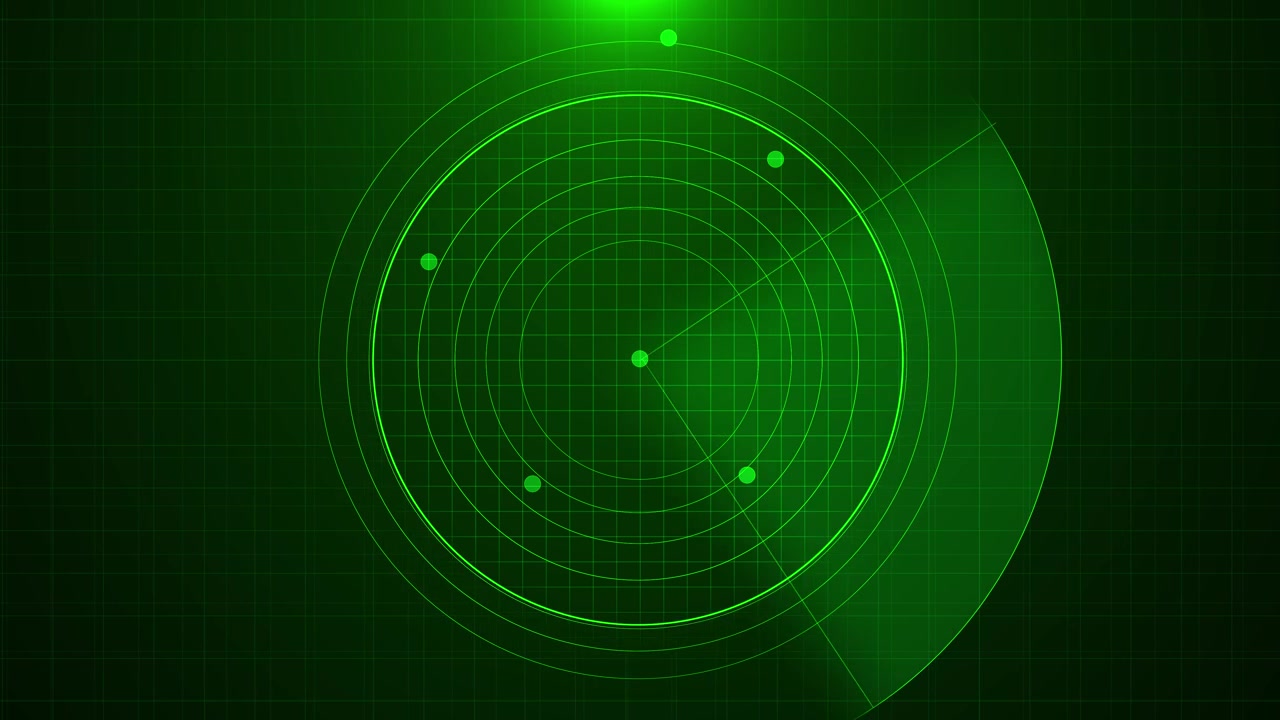 Sfondo scanner radar verde con anelli bersaglio circolari, texture a griglia e raggio di scansione luminoso perfetto