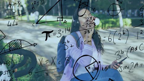 Animation-of-mathematical-equations-over-biracial-woman-drinking-coffee