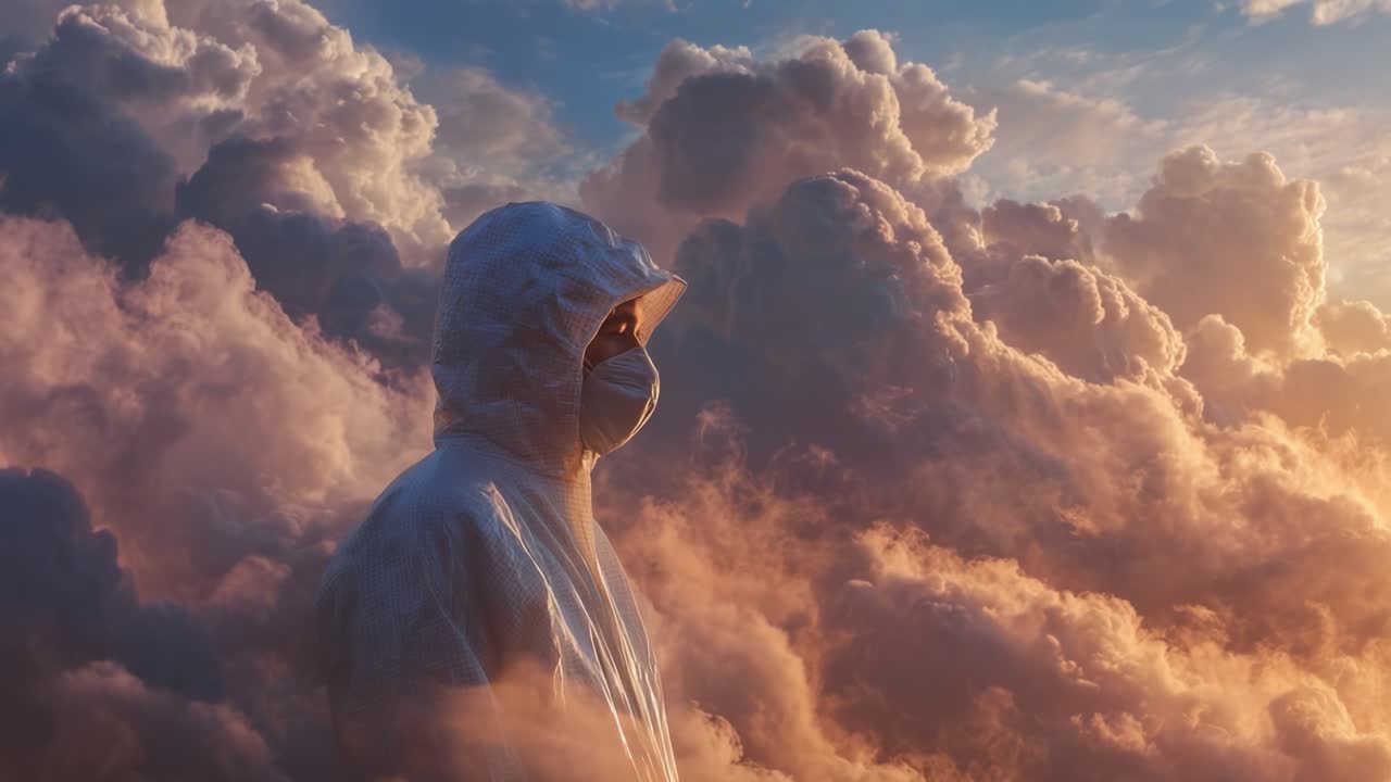 Una figura solitaria con equipaggiamento protettivo si erge tra nuvole vivaci, creando una scena surreale di contrasto tra la presenza umana e la bellezza naturale del cielo.