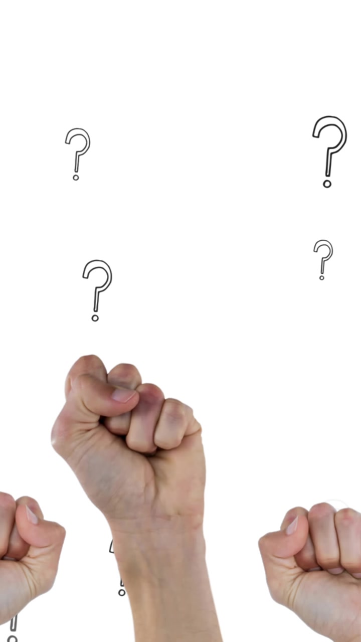 Animation of question marks over raising fists on white background
