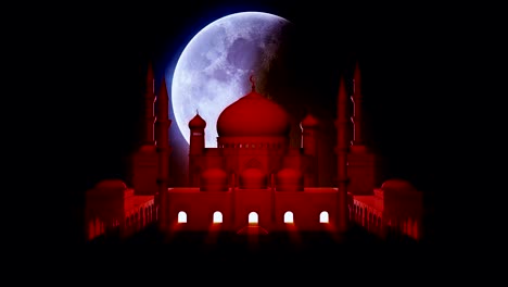 beautiful mosque and big rotating moon on night star sky. ramadan kareem islamic motion background. 3d animation.