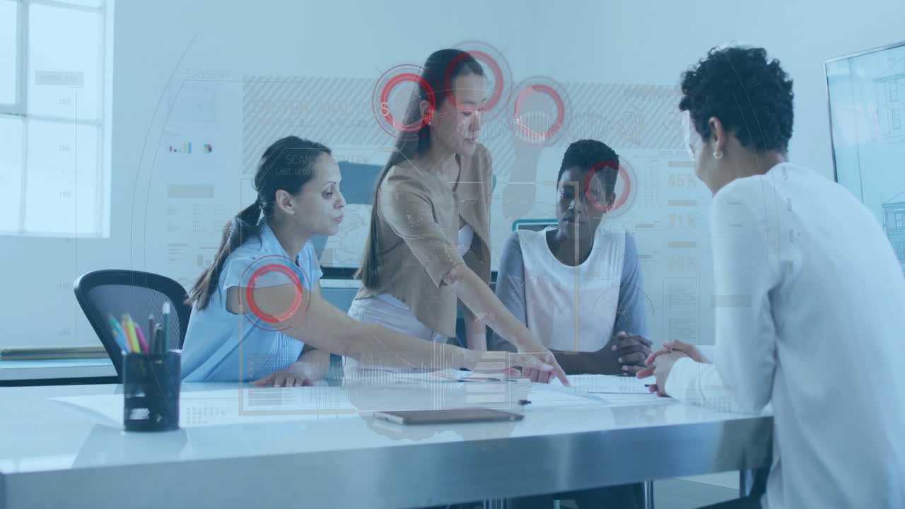 Collaborating in office, business team analyzing digital data interface animation