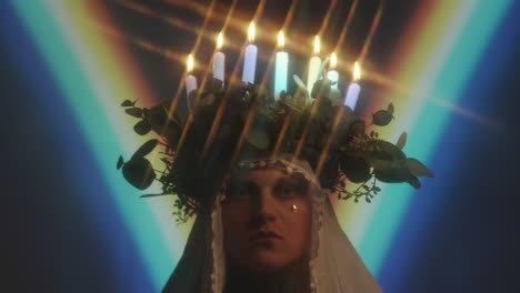 portrait of man wearing candle lit wreath