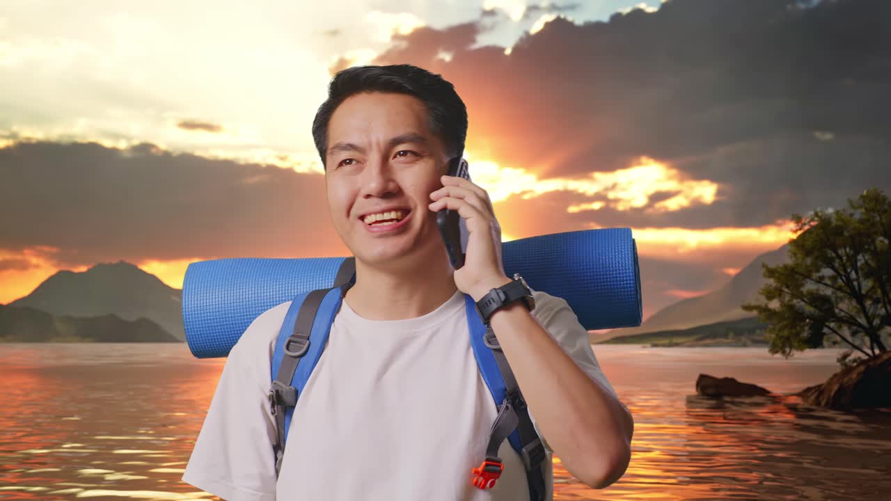 Close Up Of Asian Male Hiker With Mountaineering Backpack Smiling And Talking On Smartphone At A Lake