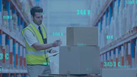 animation of digital data processing over caucasian man working in warehouse