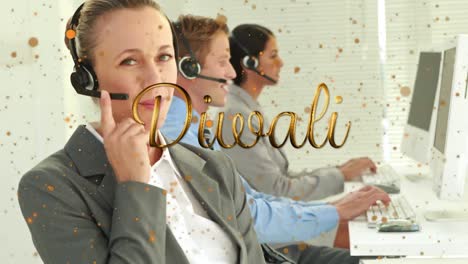 Animation-of-diwali-text-with-light-spots-over-diverse-business-people-using-phone-headset